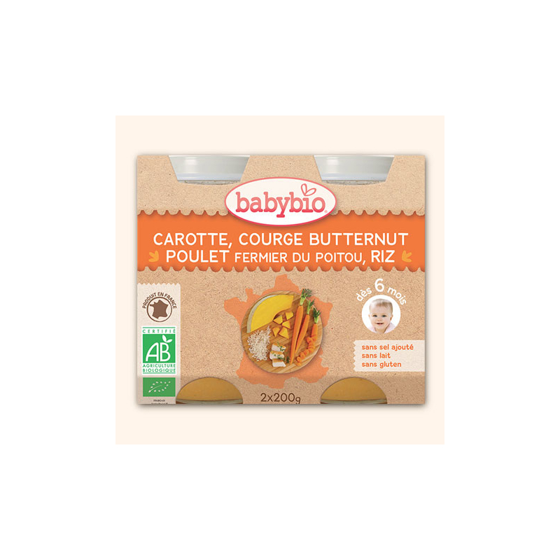 Petit Pot Menu Carotte, Courge Butternut, Poulet fermier du Poitou, Riz - 2x200g