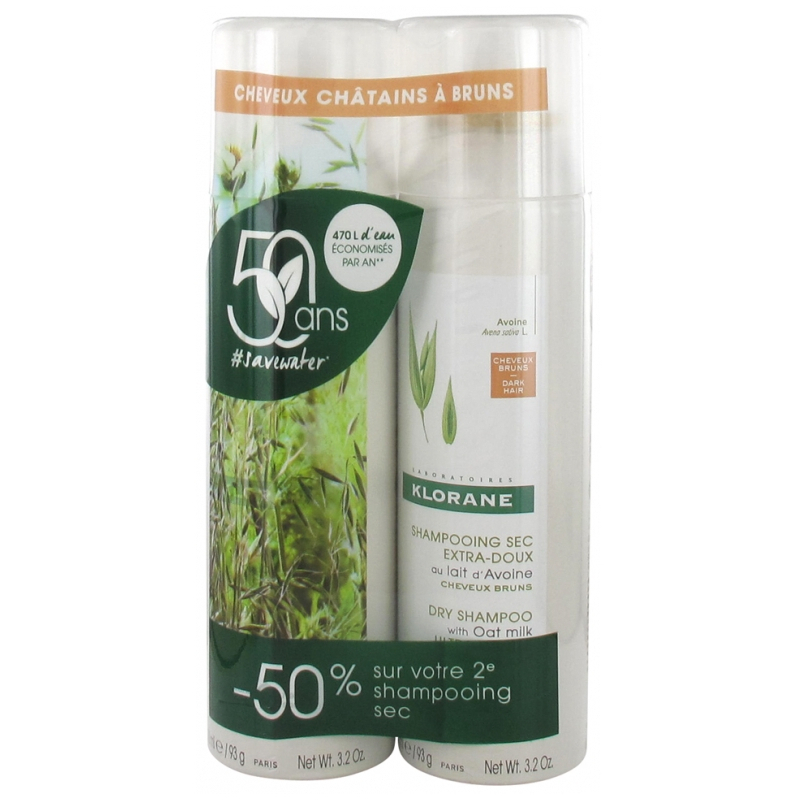 Klorane Shampoing Sec Extra-Doux au Lait d'Avoine Spray Cheveux châtains à bruns - Lot de 2 x 150 ml