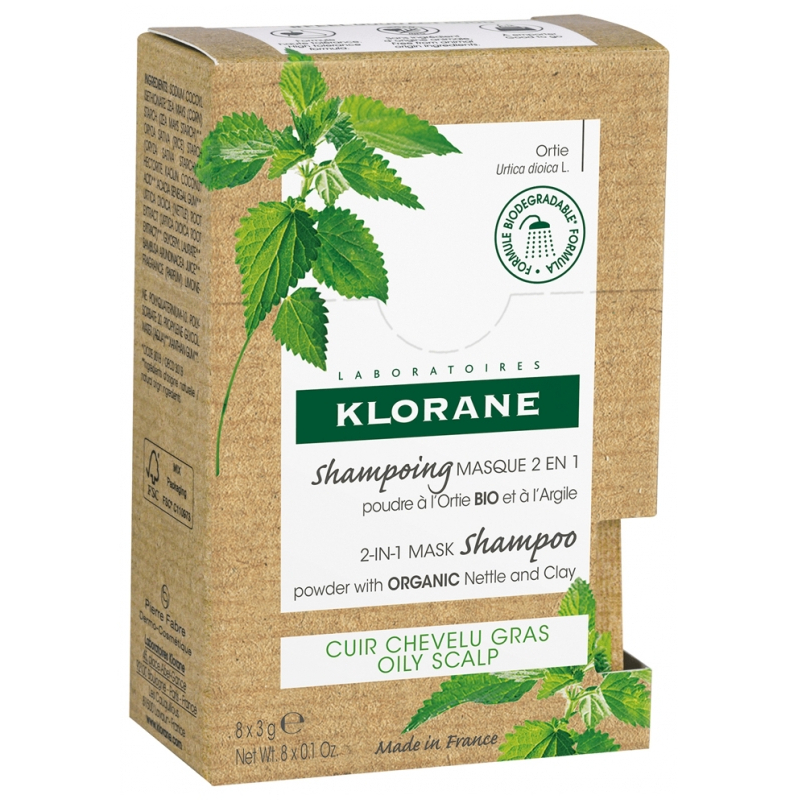 Klorane Shampoing Masque 2en1 Poudre à l'Ortie Bio et à l'Argile - 8 Sachets