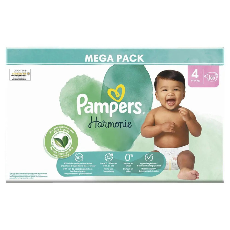 Pampers Harmonie Couches Taille 4 (9 à 14kg) - 80 unités 