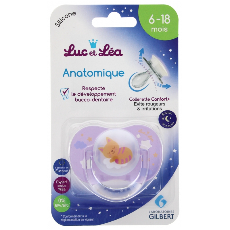 Luc et Léa Sucette Silicone Anatomique avec Anneau 6-18 Mois Spéciale Nuit