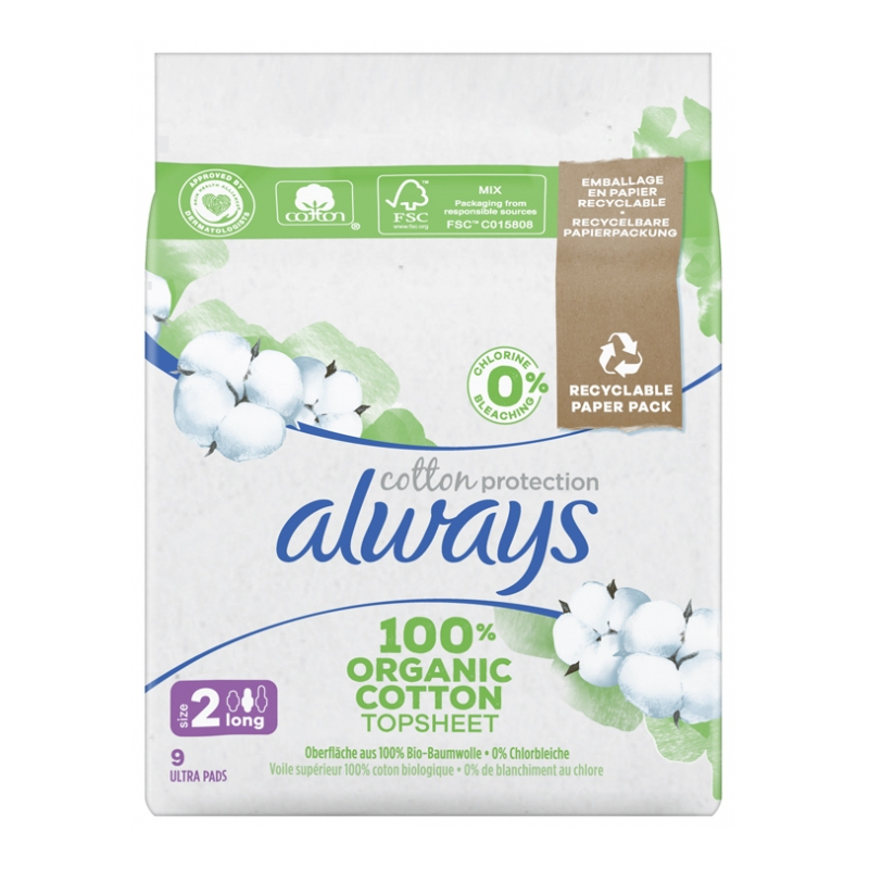 Always Cotton Protection 9 Serviettes Hygiéniques - Taille 2 Long