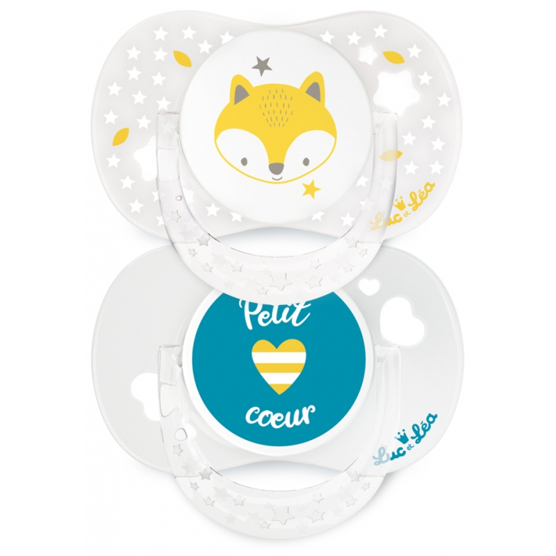 Luc et Léa Sucettes Silicone Anatomiques avec Anneau 0-6 Mois - Modèle : Renard + Petit Coeur - 2 unités 