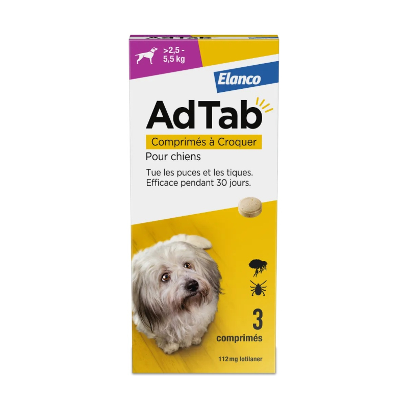 Elanco AdTab 112mg Chien 2,5–5,5 kg - 3 comprimés