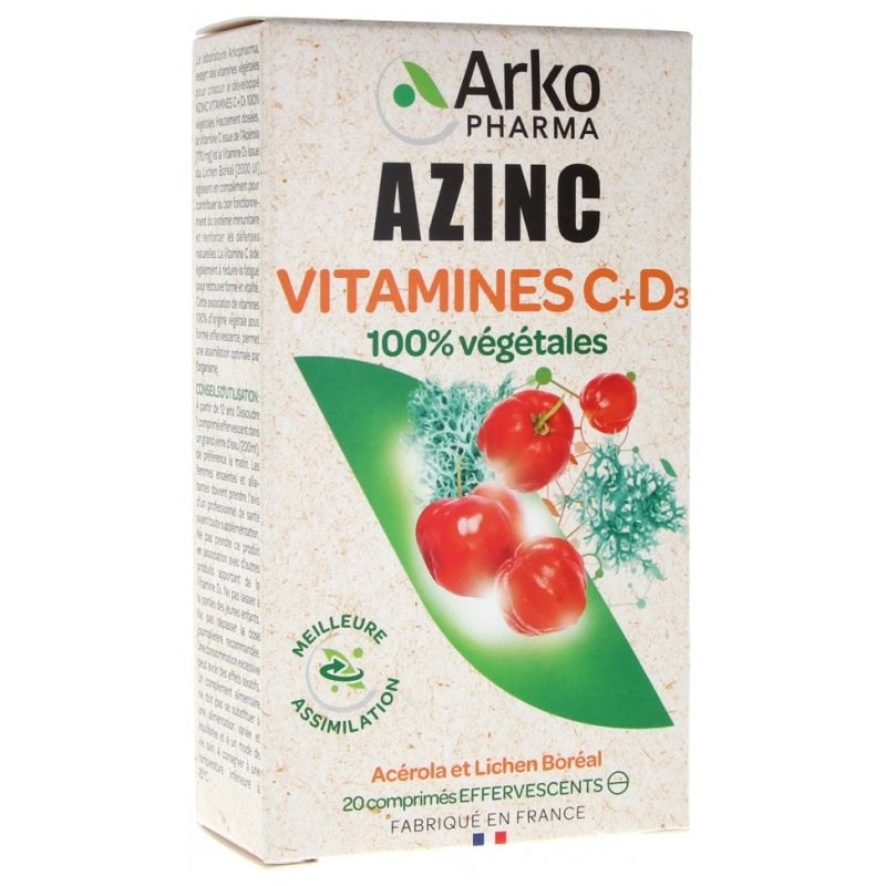 Arkopharma Azinc Vitamines C + D3 - 20 Comprimés Effervescents