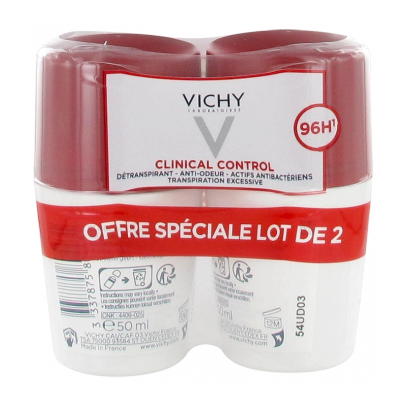 Vichy Déodorant 96H Clinical Control Détranspirant Anti-Odeur Roll-On - Lot de 2 x 50 ml