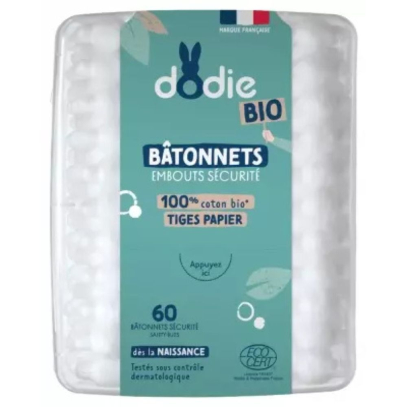 Dodie Bâtonnets Embouts Sécurité 100% Coton Bio - 60 Bâtonnets