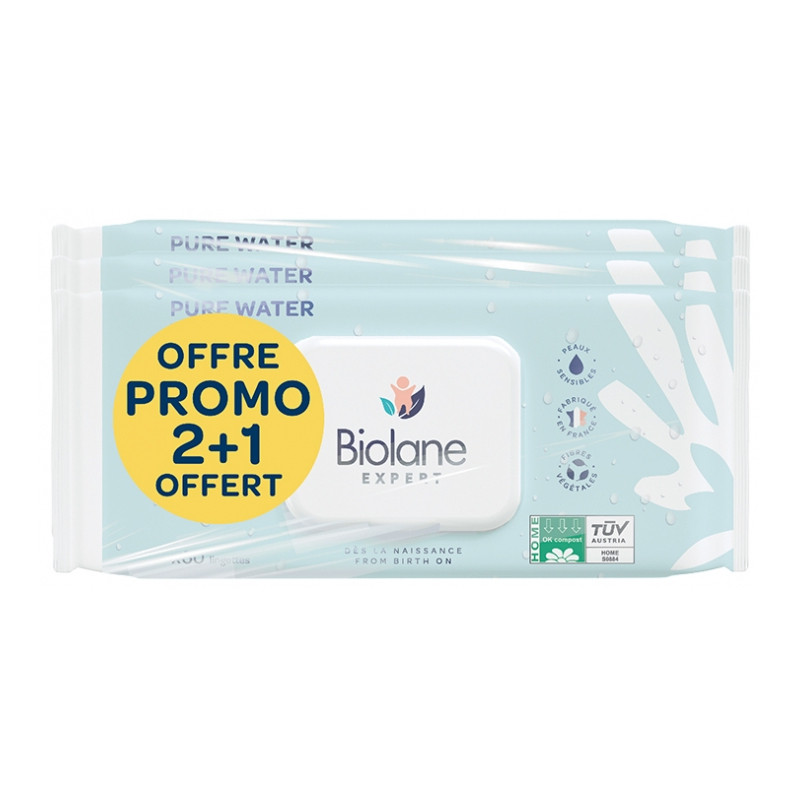 Biolane Expert Lingettes Pure Water - Lot de 3 x 60 Lingettes