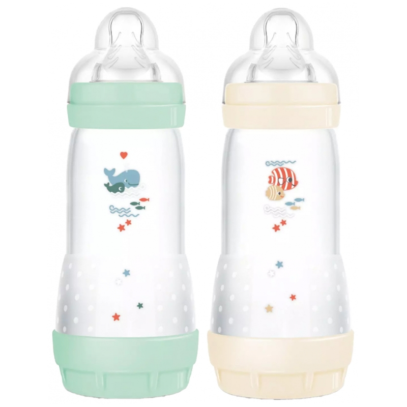 MAM 2 Biberons Easy Start 320 ml 4 Mois et + Débit 3 - Couleur : Menthe/Coton