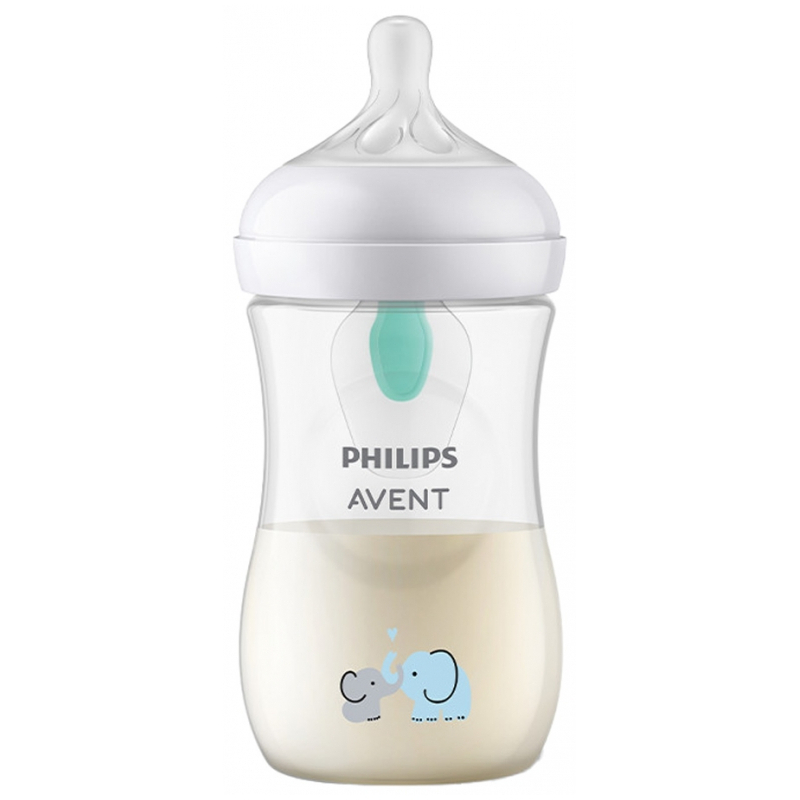 Avent Natural Response Biberon à Motif avec Valve AirFree 1 Mois et + - Modèle : Éléphant - 260 ml 