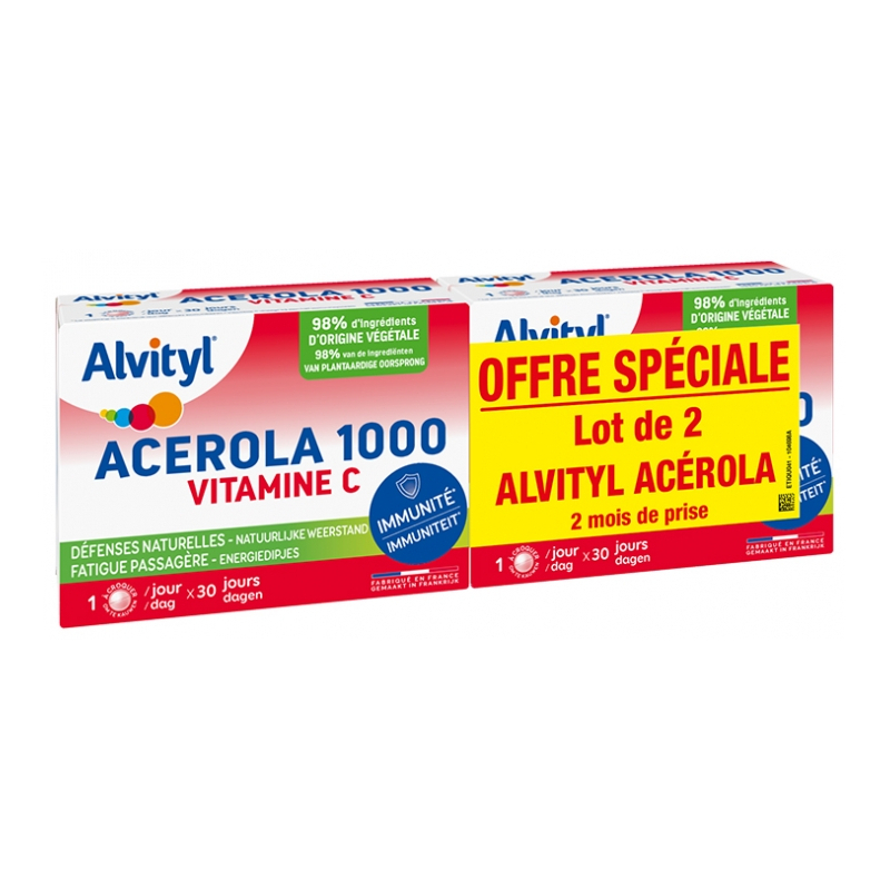 Alvityl Acérola 1000 Vitamine C - Lot de 2 x 30 Comprimés à Croquer
