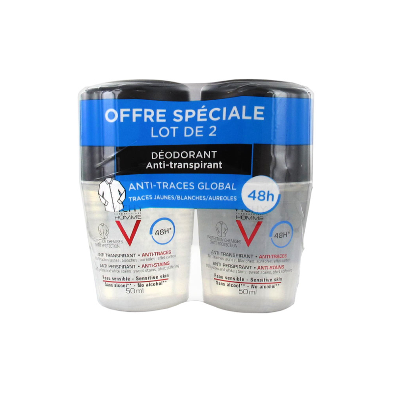 Vichy Homme Déodorant Anti-Transpirant 48H Anti-Traces - Lot de 2 x 50 ml